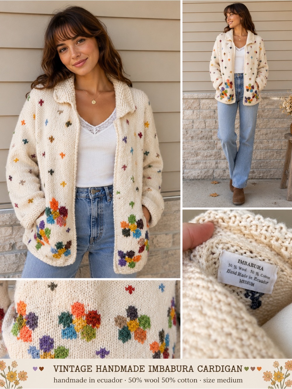 Wool & cotton blend Floral Handmade Cardigan Sweater